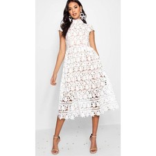 Boohoo Boutique White Lace Mock Neck Midi Dress, Women's Size 4