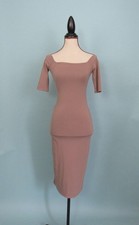 Size: S Tan Midi Dress Off the Shoulder 3/4 Length Sleeve Bodycon Women