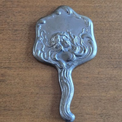 Antique Metal Pocket Purse Hand Mirror Art Nouveau Woman Flowing Hair 4.5''x 2.5''