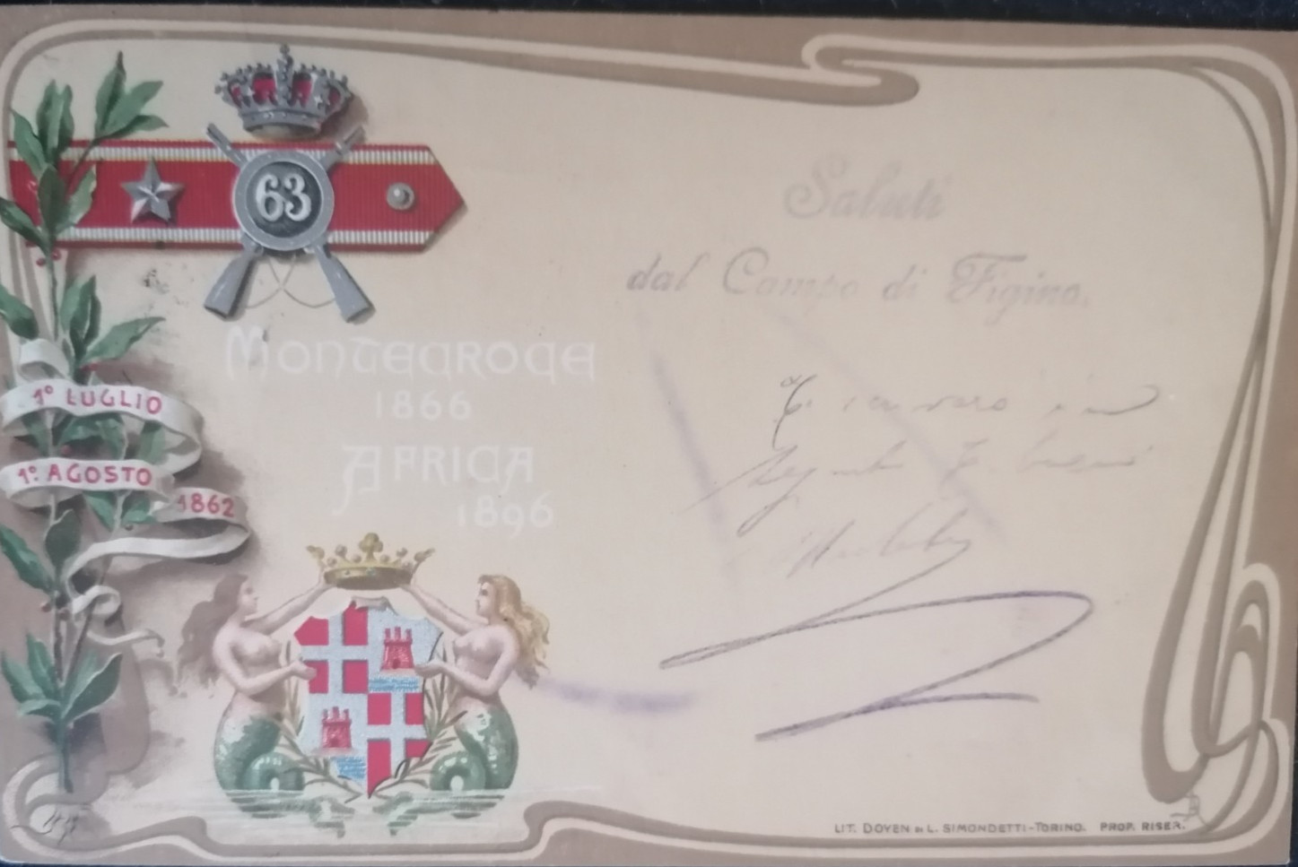 63° Reggimento Fanteria WWI PC Viaggiata ART NOUVEAU