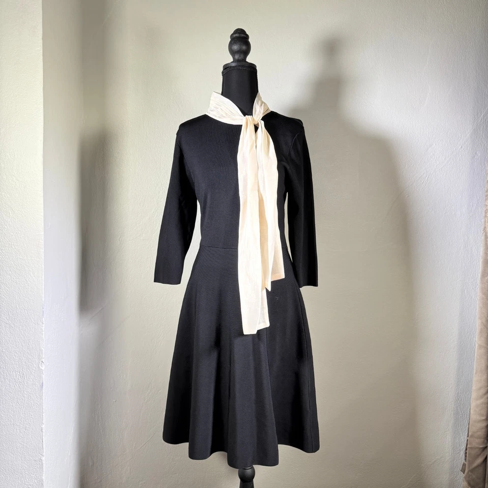 Vestido Zara Mujer XL Negro Midi Calce Acampanado Bufanda Años 60 Azafata Gótico Foto 2 de 4