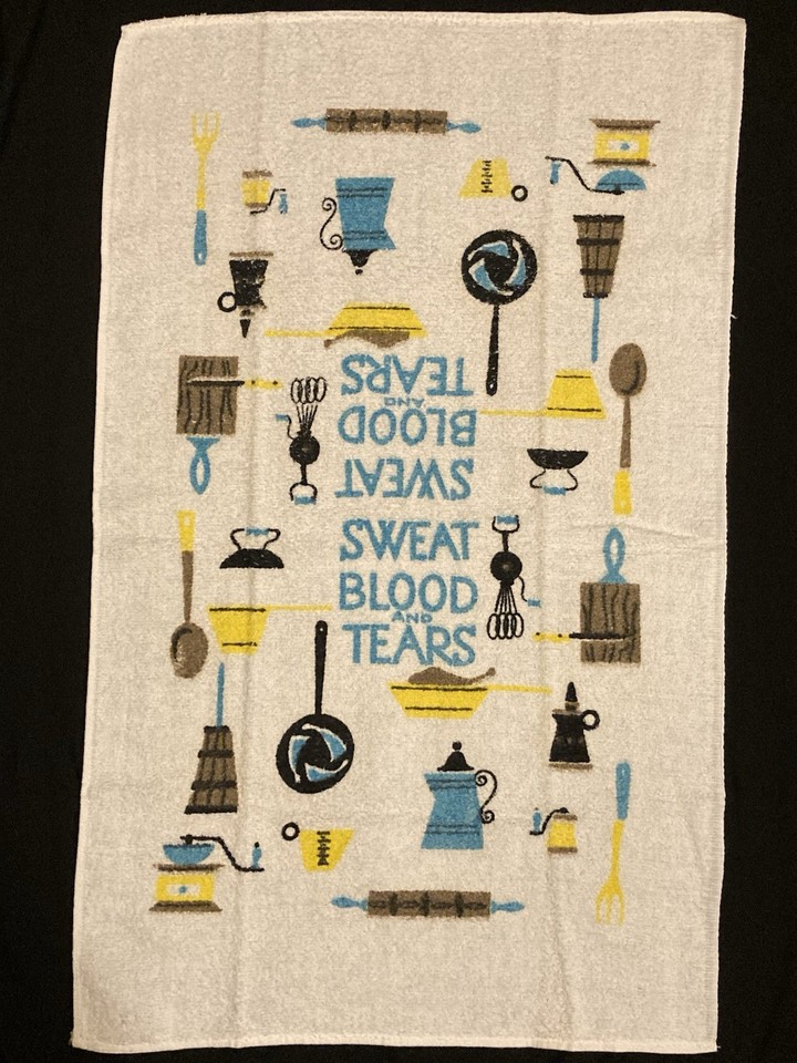 A genuine 1950s British kitchen tea towel with deadpan dark humor — the kind of thing you'd find in a witty grandmother's drawer and immediately want to frame.