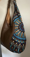 Isabella Fiore Leila Brown Leather Mosaic Embroidered Hobo Purse Bag