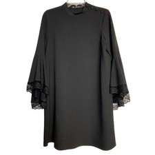 Zara Basic Black Mock Neck Bell Sleeve Lace Trim Mini Shift Dress Medium