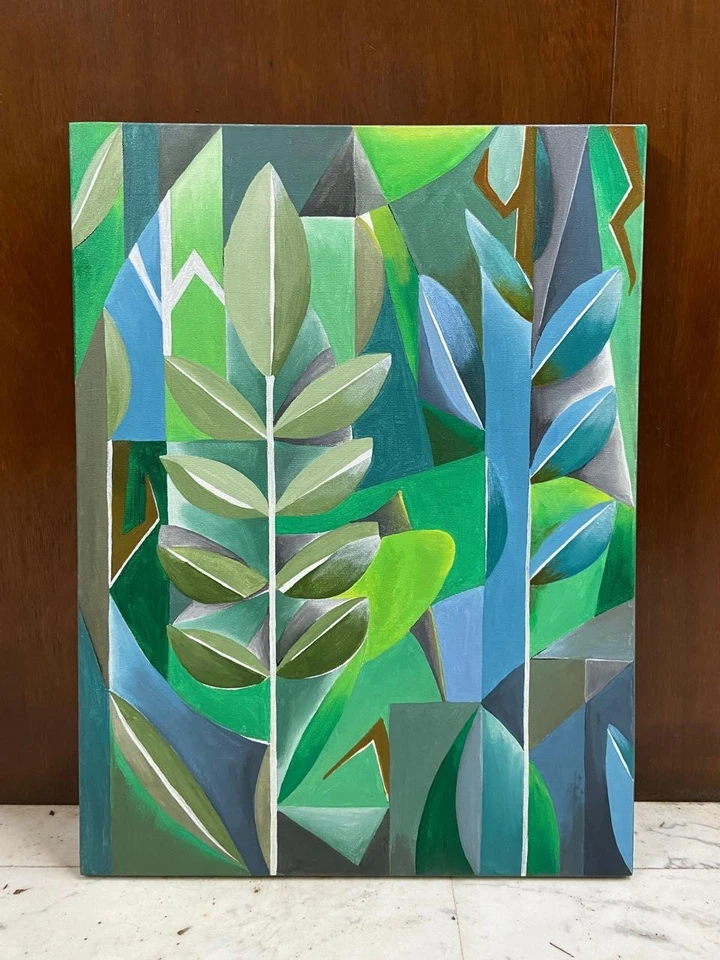 Enorme Pintura Acrílica Original Hojas Abstractas Arte Cubismo Mediados de Siglo Arte Moderno Foto 3 de 4