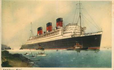 Card of Artist Rendering on R. M. S. Queen Mary - Steamship Ocean Liner
