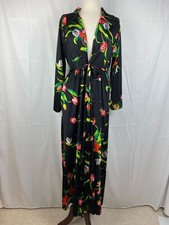 Vintage 60s 70s Komar Black Tulip Floral Print Satin Polyester Robe Womens Large