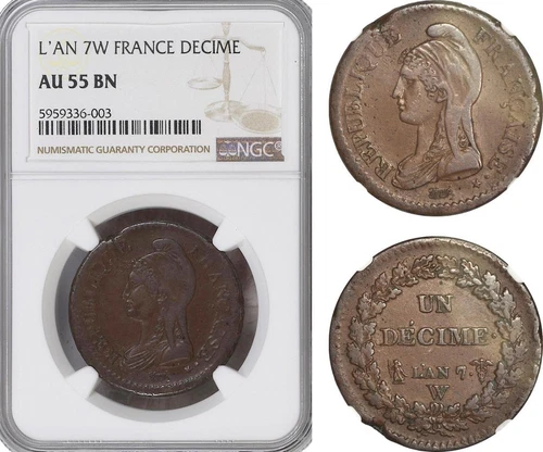 A5/317 France, First Republic, Decime L'An 7 W, Lille Mint, KM# 644, NGC AU55BN