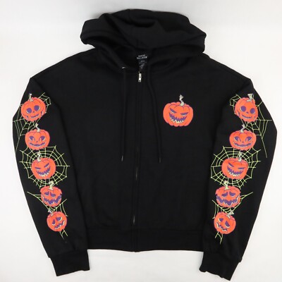 Halloween Hoodie Girls Medium Black Crop Glow in Dark Pumpkin Zip