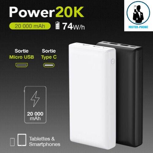 Batterie externe 20000 mAh double sortie USB-C charge simultanée de vos appareils