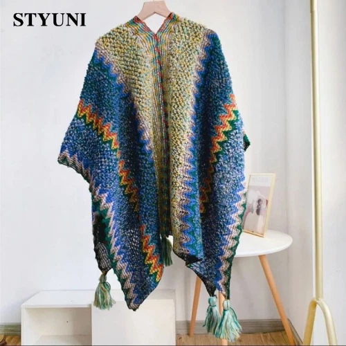 Folk Stripe Vintage Poncho Knitted Woman Loose V-Neck Tassel Bat Sleeved Capes - Image 2 of 4