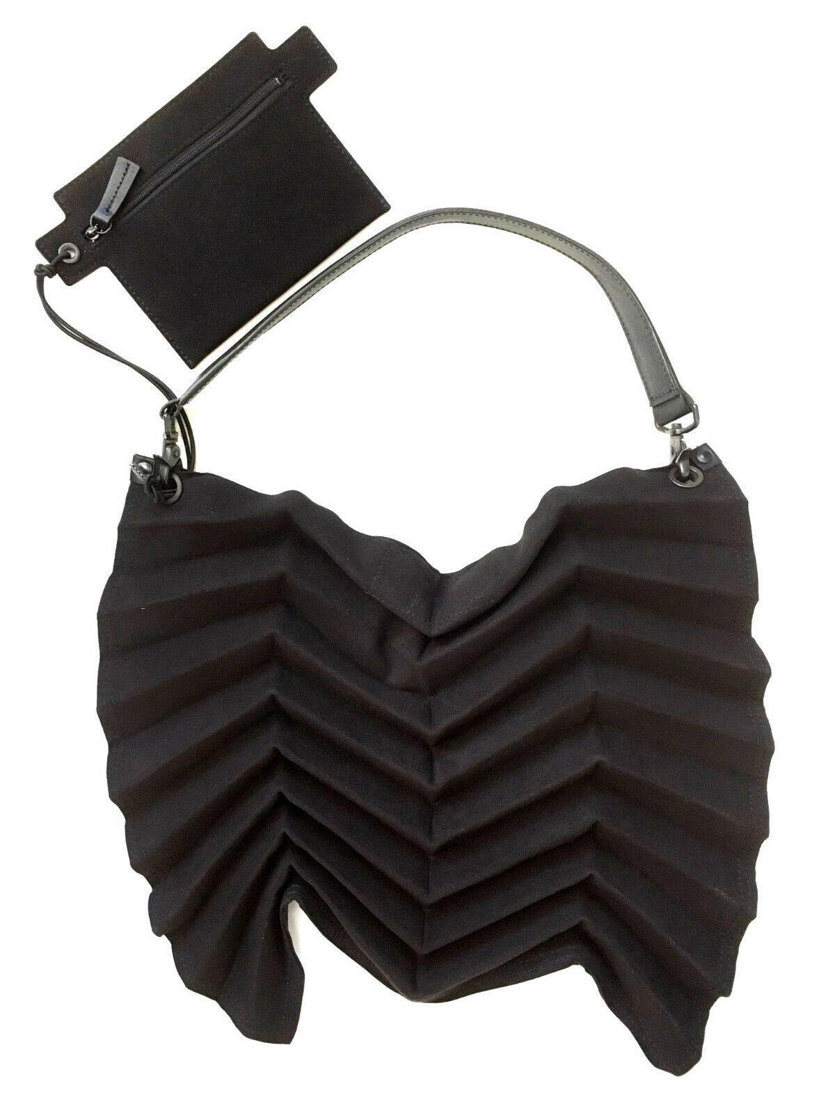 ISSEY MIYAKE PLEATS PLEASE BLACK SUEDE-FINISH ZIG-ZAG BAG w LEATHER STRAP  JAPAN