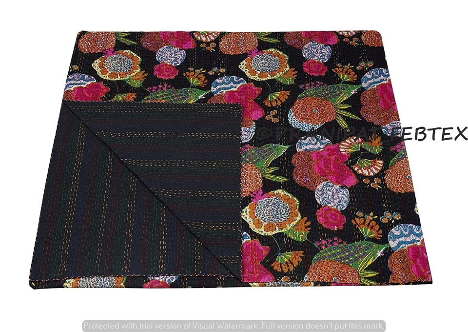 Colcha Indian Kantha Estampado Tropical Negra Queen Algodón Colcha Foto 4 de 4