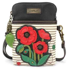 NEW CHALA TAN CREAM STRIPE RED POPPY FLOWER CELL PHONE CROSSBODY PURSE BROWN