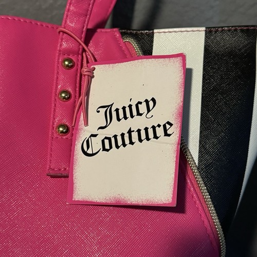 Juicy Couture Women's Pink Black White Stripe Shoulder Tote Bag Faux Leather NWT - Picture 3 of 15
