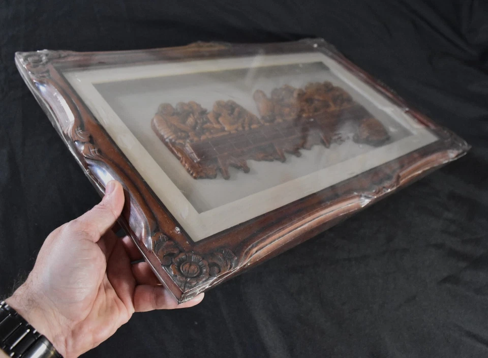 Talla de madera maciza 3D La Última Cena, marco de caoba maciza, hecho a mano, Indonesia Foto 2 de 4