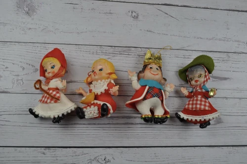 Vintage Christmas Ornaments Flocked Old King Cole Little Miss Muffet set of 4