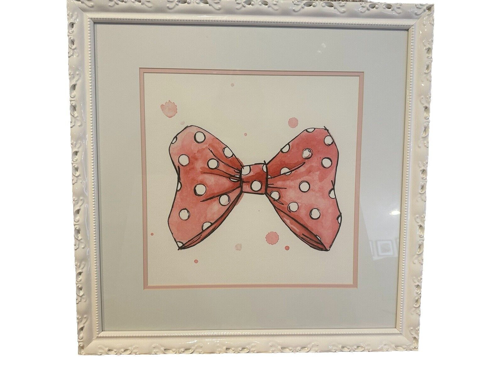 ETHAN ALLEN BOW I DISNEY Print 23 x 23" Minnie Mouse PINK Polka Dot White Frame