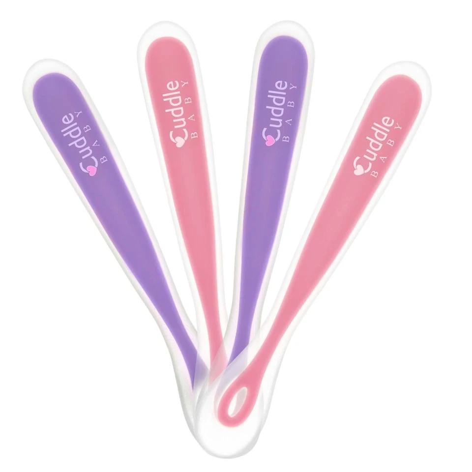 Lote de 10 - NUEVO - Paquete de 4 cucharas de silicona para bebé Cuddle Baby - púrpura / rosa Foto 4 de 4