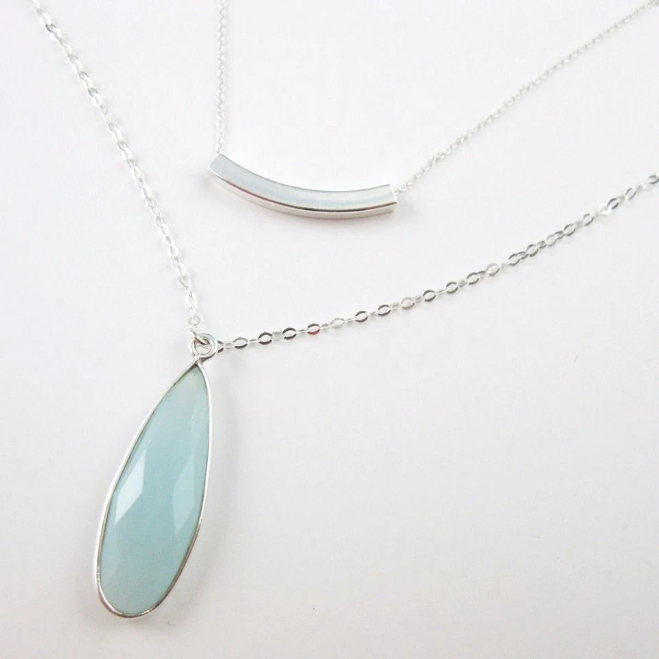 Colar duplo de prata esterlina - Conjunto de colar - Moldura pedra preciosa e barra de prata quadrada