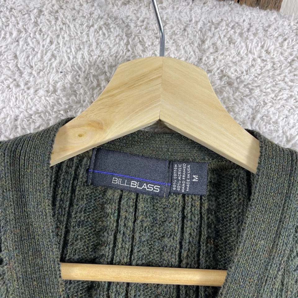 Vintage Bill Blass Cardigan Sweater Mens Medium Green Cable Knit Grandpa Grunge - Image 3 of 4