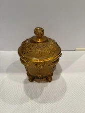 Vintage Amber Glass Footed Candy Bowl Dish w/ Lid Grapes Leaf Leaves