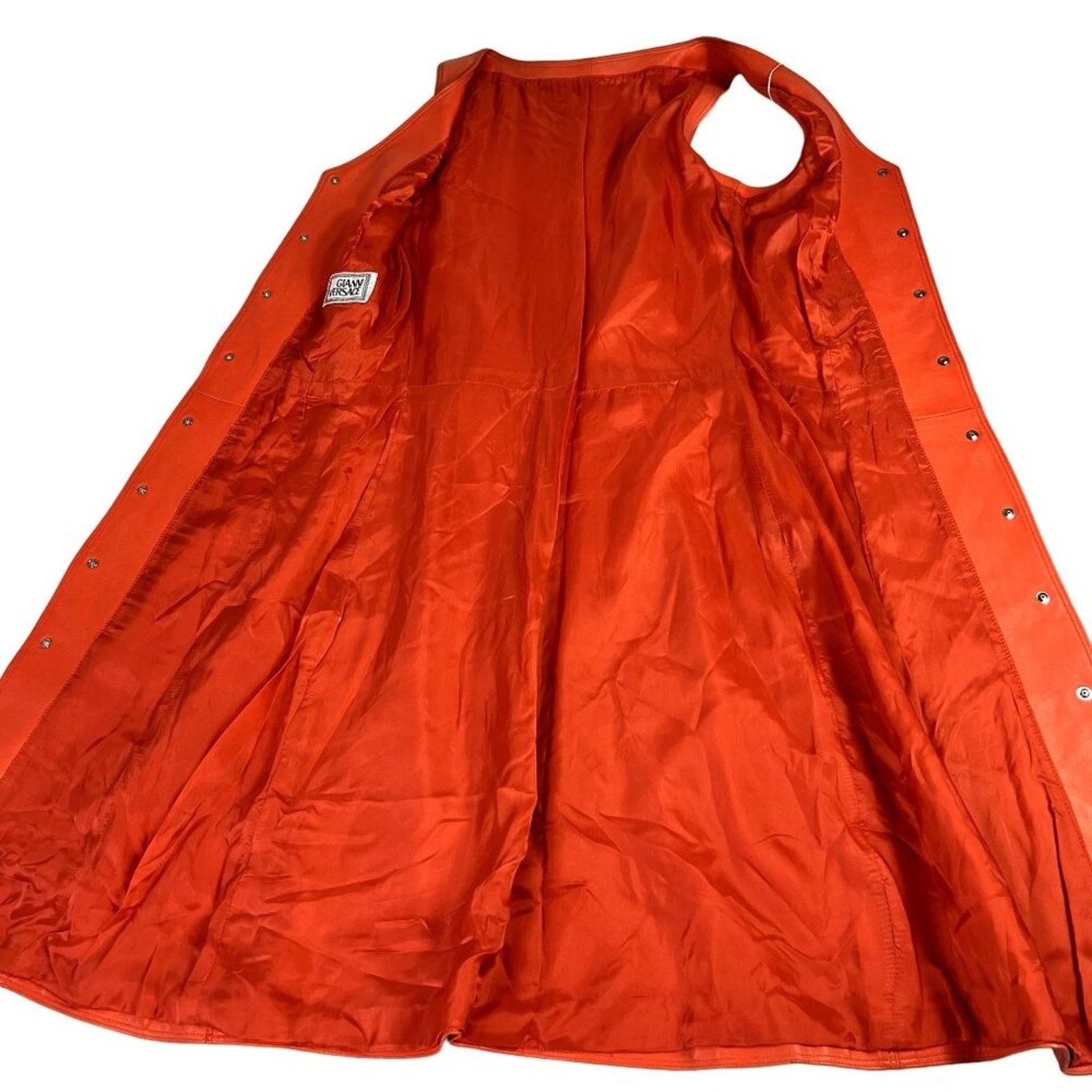 Abito Gianni Versace XS pelle arancione anni 80 bottoni a pressione senza maniche vintage linea A