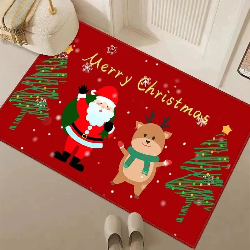 Santa and Reindeer Merry Christmas Doormat – Cute Red Holiday Welcome Mat