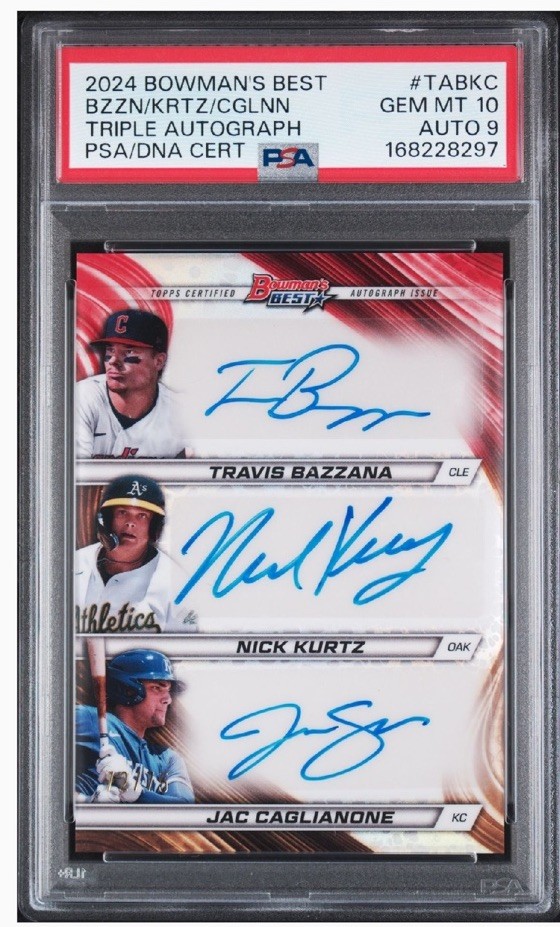 2024 BOWMAN'S BEST TRIPLE AUTOGRAPHS #/75 JAC CAGLIANONE, BAZZANA, KURTZ PSA 10