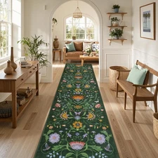 Washable Runners for Hallway 2.6 x 10ft, Green Spring Boho Floral Kitchen Rug...
