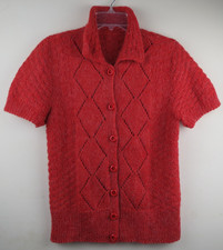 vtg. 70s 80s Red Pointelle Knit Cardigan Sweater Shirt Women's Collared Small