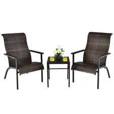Patiojoy 3 PCS Patio Rattan Bistro Set High Backrest Armrest SideTable Mix Brown