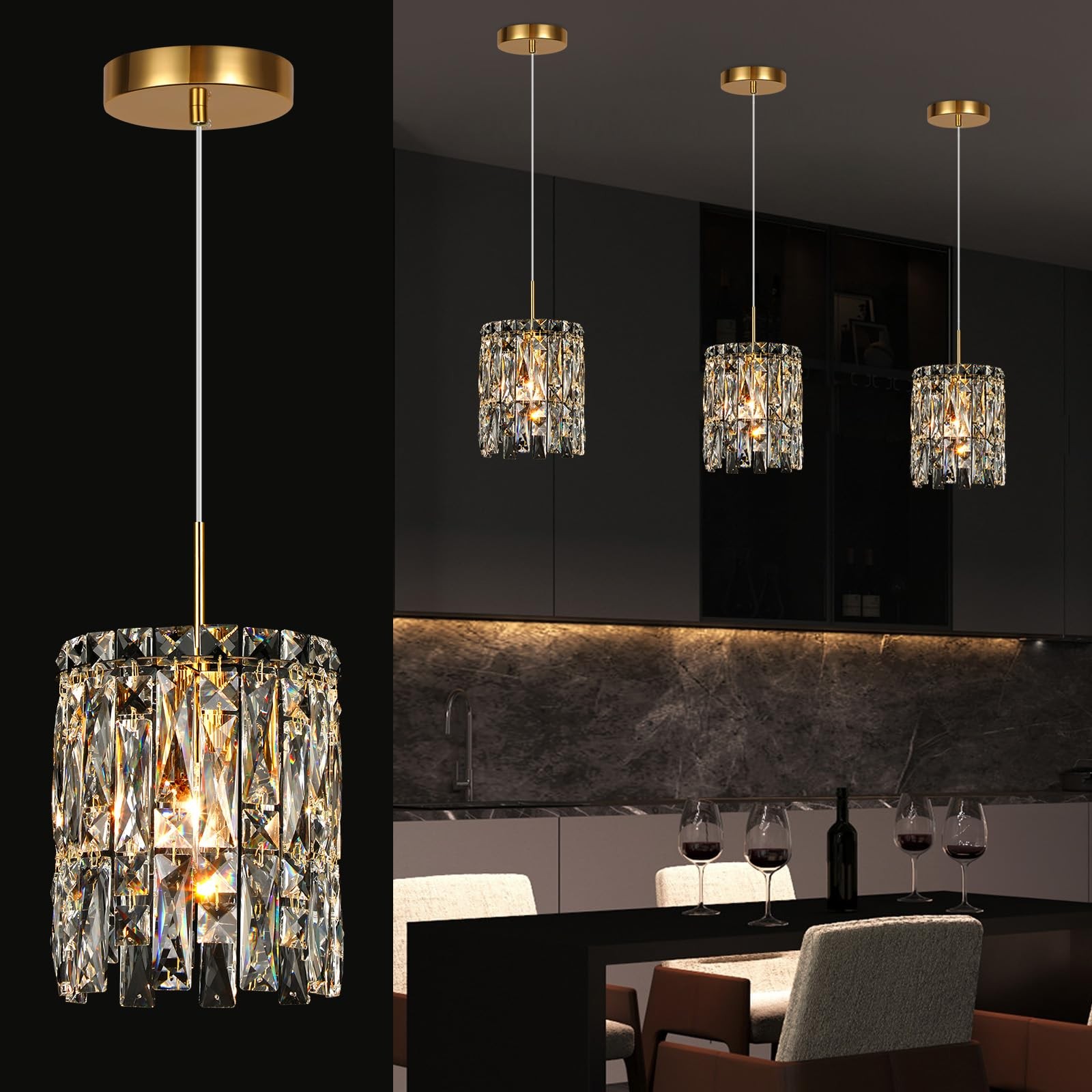 Modern K9 Crystal Pendant Lights Kitchen Island,1 Lighting Gold Chandeliers f...