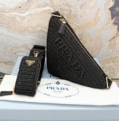 Prada Raffia Effect Crochet Triangle Black Shoulder Bag | eBay