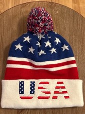 USA Red White Blue Winter Beanie Adult Knit Cuffed Pom Pom Winter Hat Stars