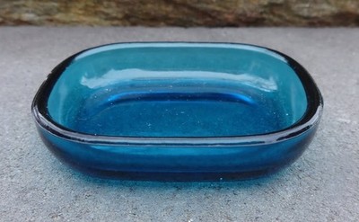 Deep Aqua Blue Glass Open Salt Dip, Cellar, Dish w/Rounded Corners!