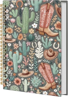 Western Spiral Notebook, Cowgirl Cowboy Boots Cactus Floral Journal, Rustic