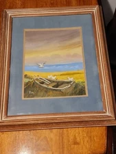 RARE Vintage Painting Seagulls Beach Row Boat Art on Canvas Board by POE 11x14 