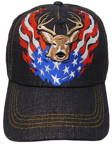 USA American Deer Buck Hunting Flaming Flag Wings Embroidered Cap Hat - Picture 3 of 6