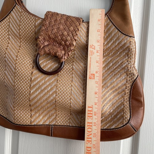 Cole Haan Large Straw Woven Leather Tote Hand Bag Purse CAMEL TAN Brown - Picture 24 of 24