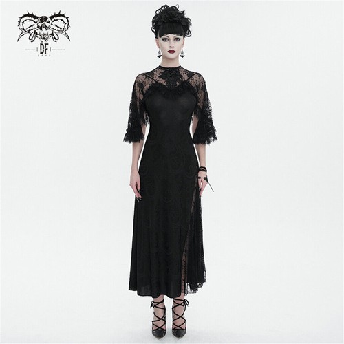 Devil Fashion Women's Black Gothic Vintage Elegant Lace Slit Long Party Dress - 第 6/23 張圖片