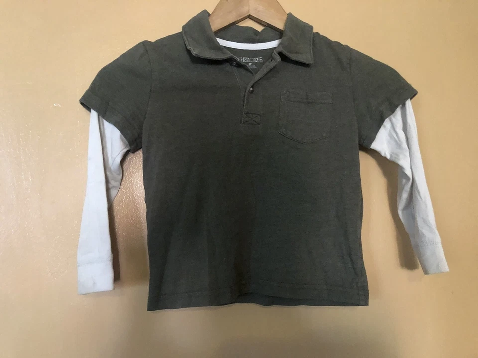 Cherokee Boy's Size 5T T-Shirt Polo Pull On Grey & Beige Long Sleeve Pocket - Image 4 of 4
