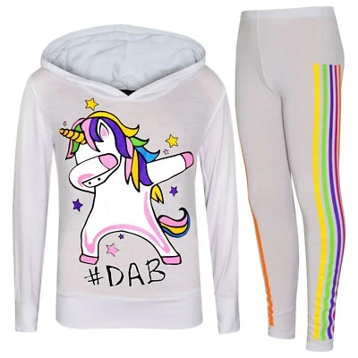 Enfants Filles Noël Licorne # DAB Floss Haut Blanc Legging Jogging Ensemble - Photo 1/2