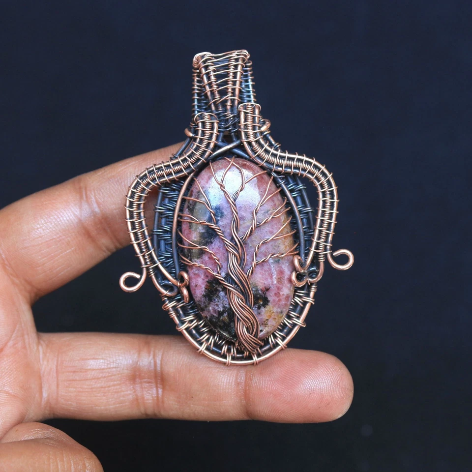 Único Colgante de Alambre de Cobre Árbol de la Vida Piedras Preciosas de Rodonita Rosa Joyería NK602 Foto 3 de 4
