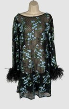 $595 Jovani Women's Black Sheer Floral Feather Long Sleeve Mini Dress Size 10