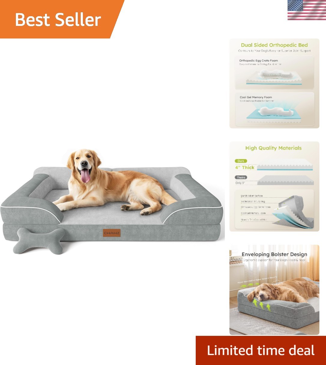 Extra Large Cooling Gel Dog Bed with Removable Velvet Cover & Waterproof Lining