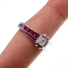 Sterling Silver Created Ruby with Cubic Zirconia Square Shank Ring, Size 8.25