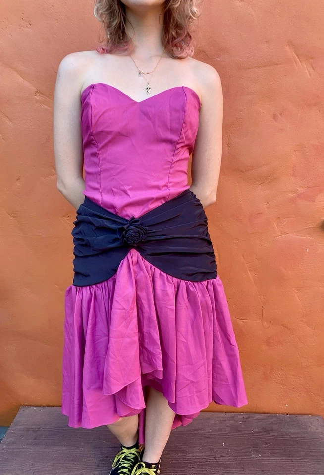 Винтажный 1980-х выпускное платье розовый черный hi низкий без бретелек вечернее вечеринки официальный - Изображение 3 из 4