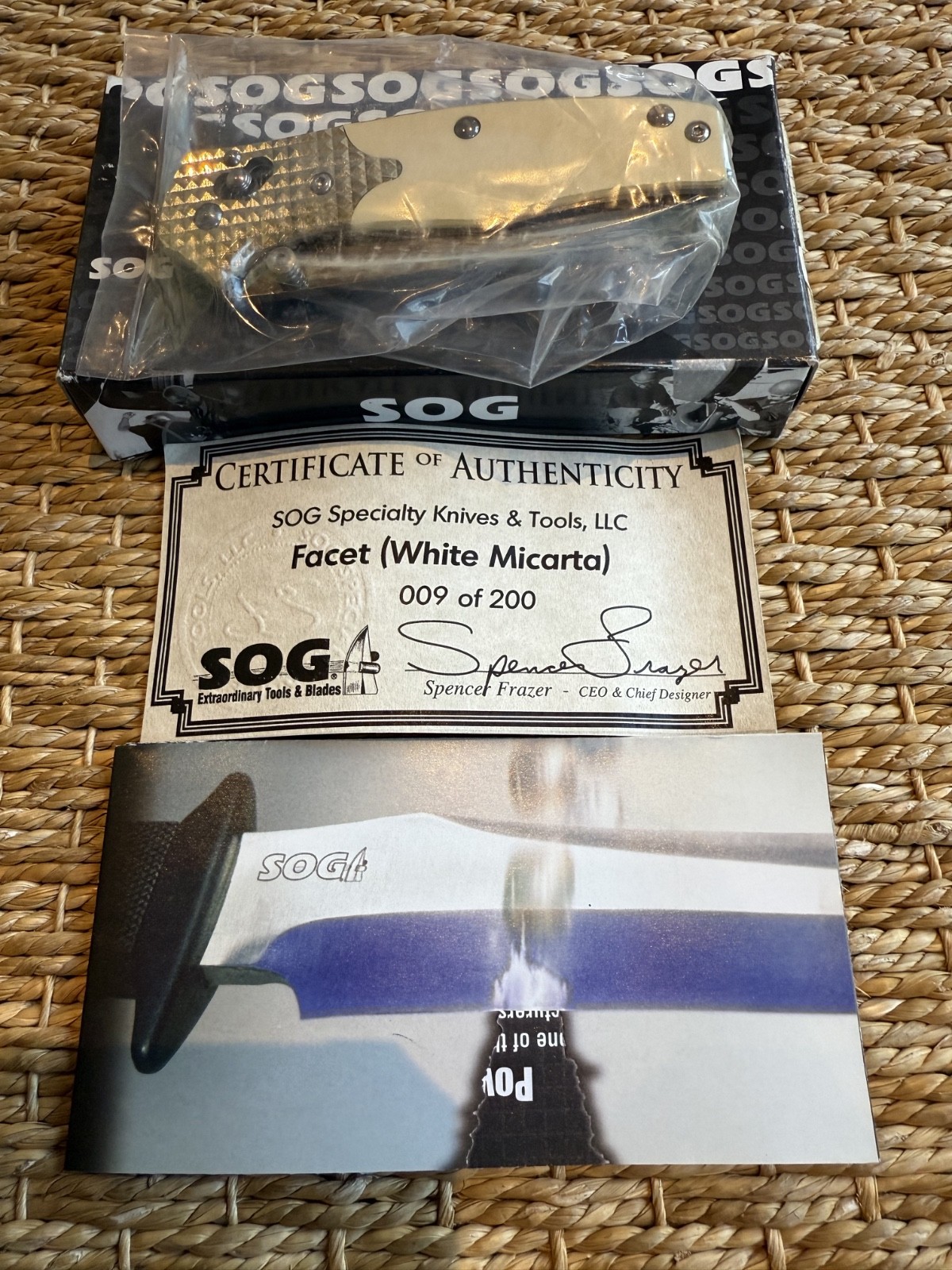 SOG Facet Folding Knife CT -02 VG10 Steel Blade, White Micarta Handles, Arc-Lock