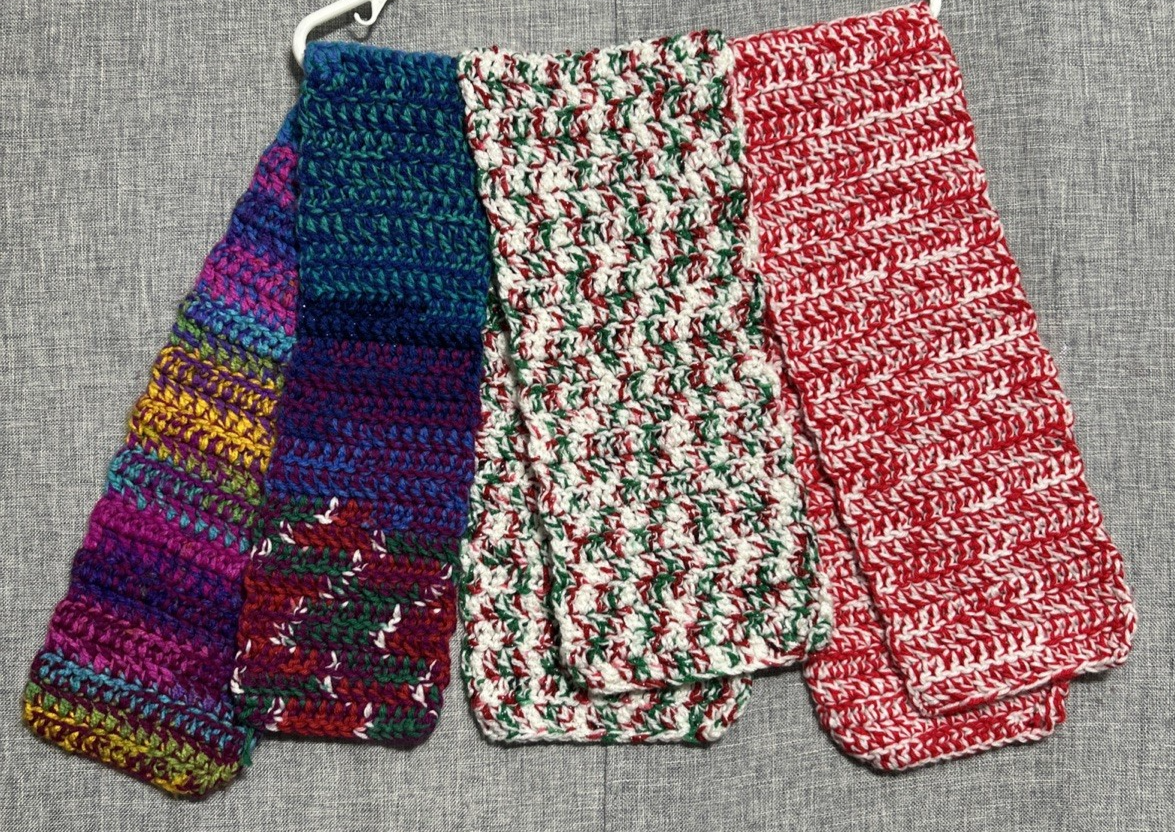 Handmade Yarn Knit Crochet Scarves Red Green Purple - 38x8